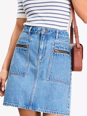 LOFT Light Blue Denim A-Line Skirt with Front Zip Pockets